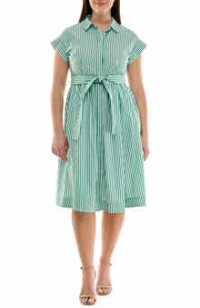 Stripe Cap Sleeve Cotton Poplin Shirtdress