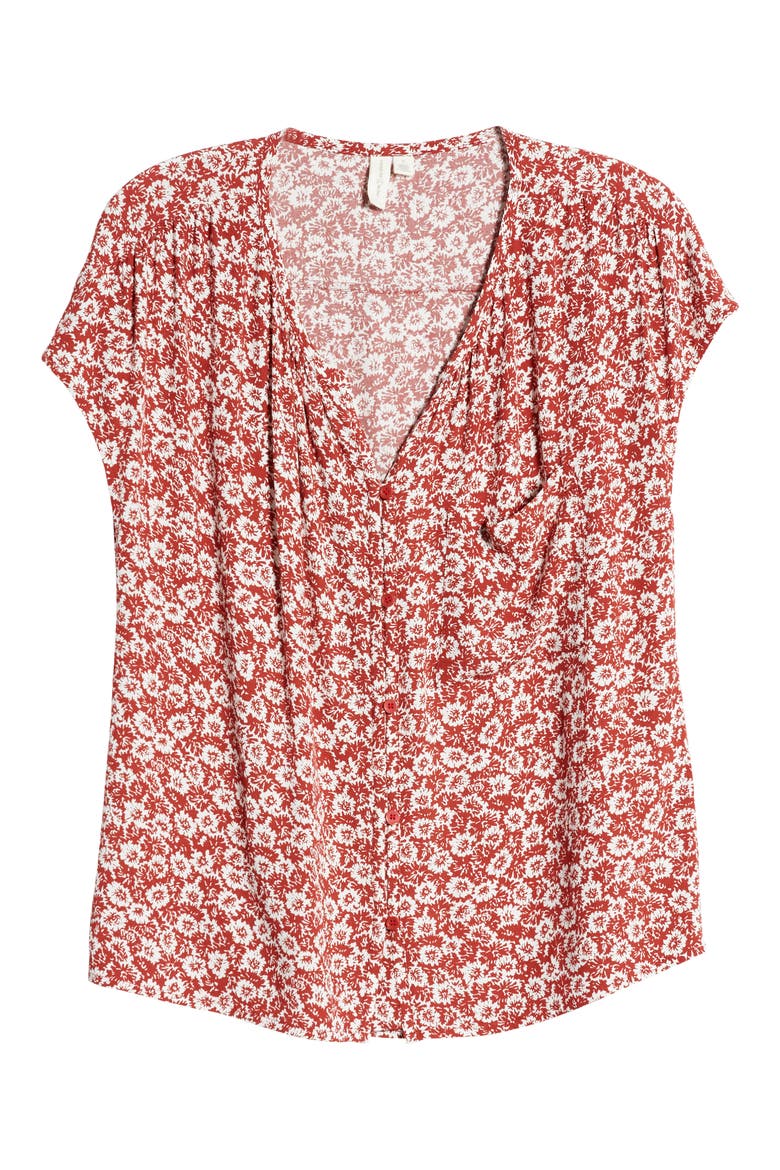 Print Front Button Top, Alternate, color, RED- IVORY SUMMER BLOSSOM