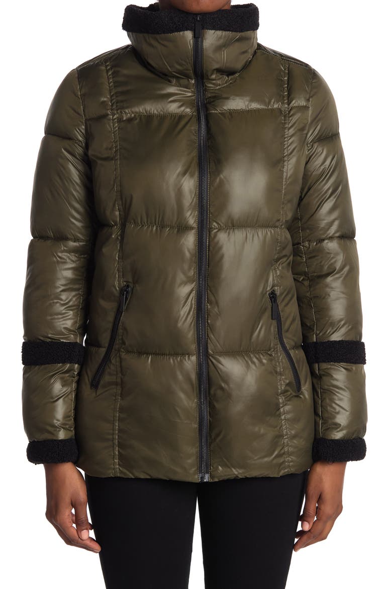 Puffer Faux Shearling Trim Jacket, Alternate, color, OLIVE