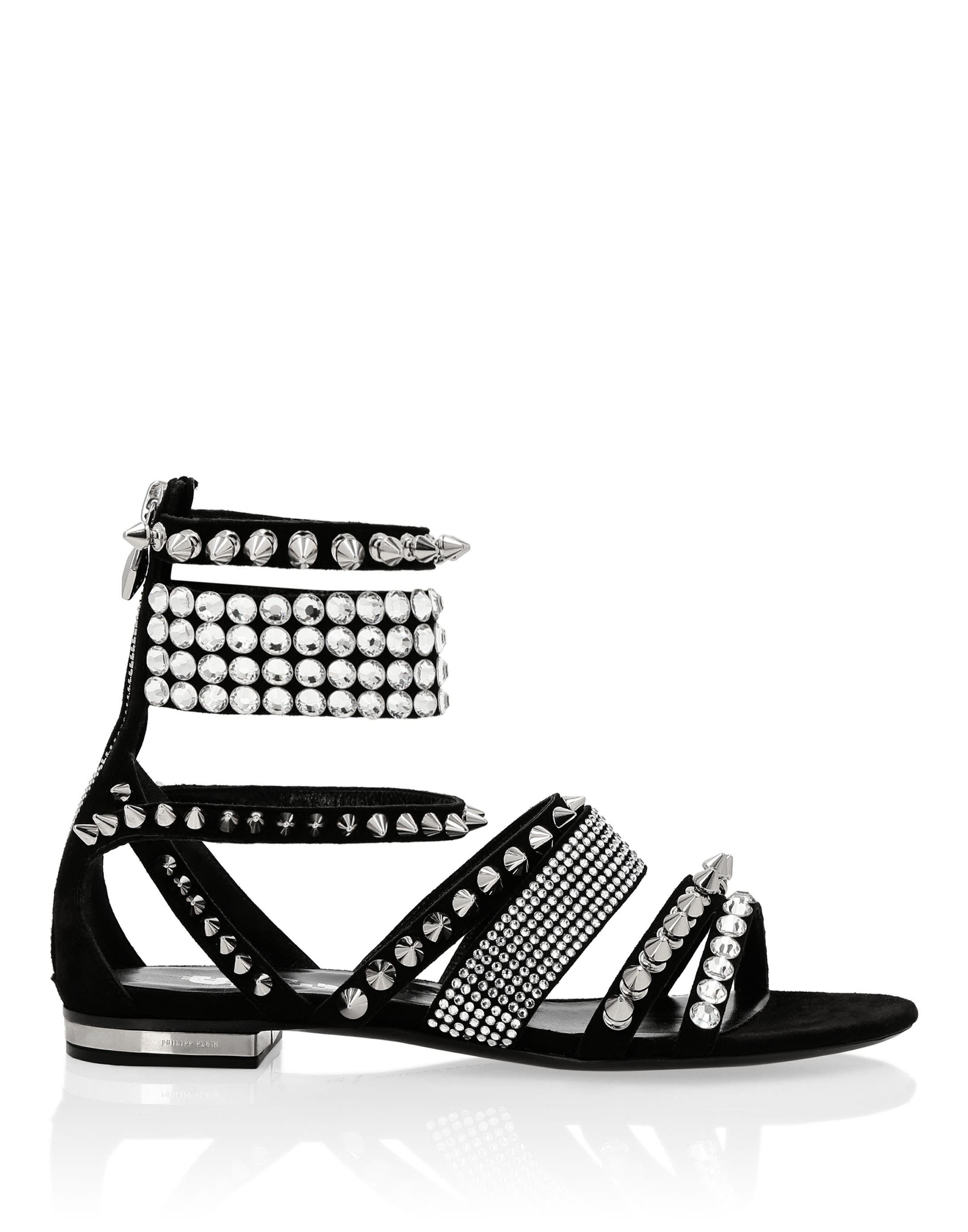 Suede Sandals Flat Studs Women, Alternate, color, black