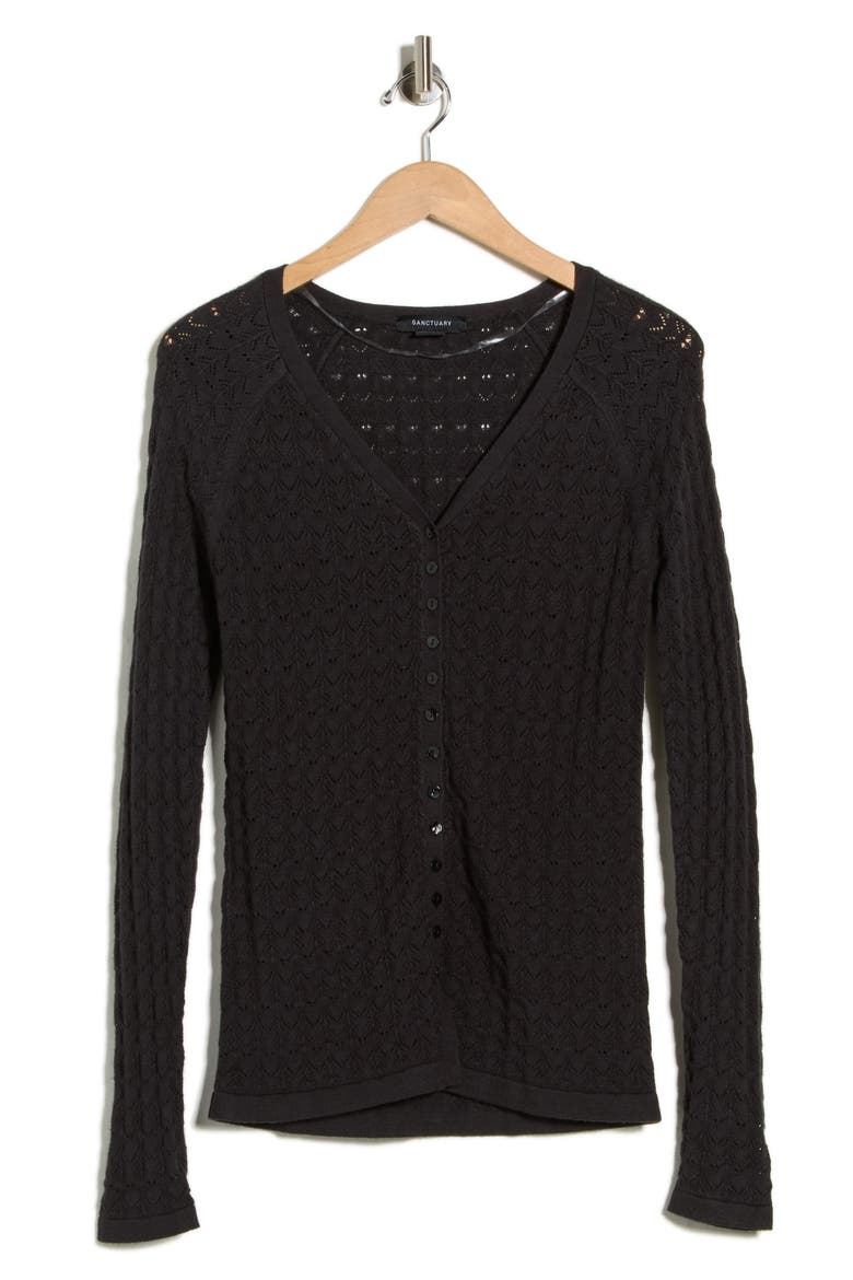Pointelle Stitch Raglan Sleeve Cardigan, Alternate, color, BLACK