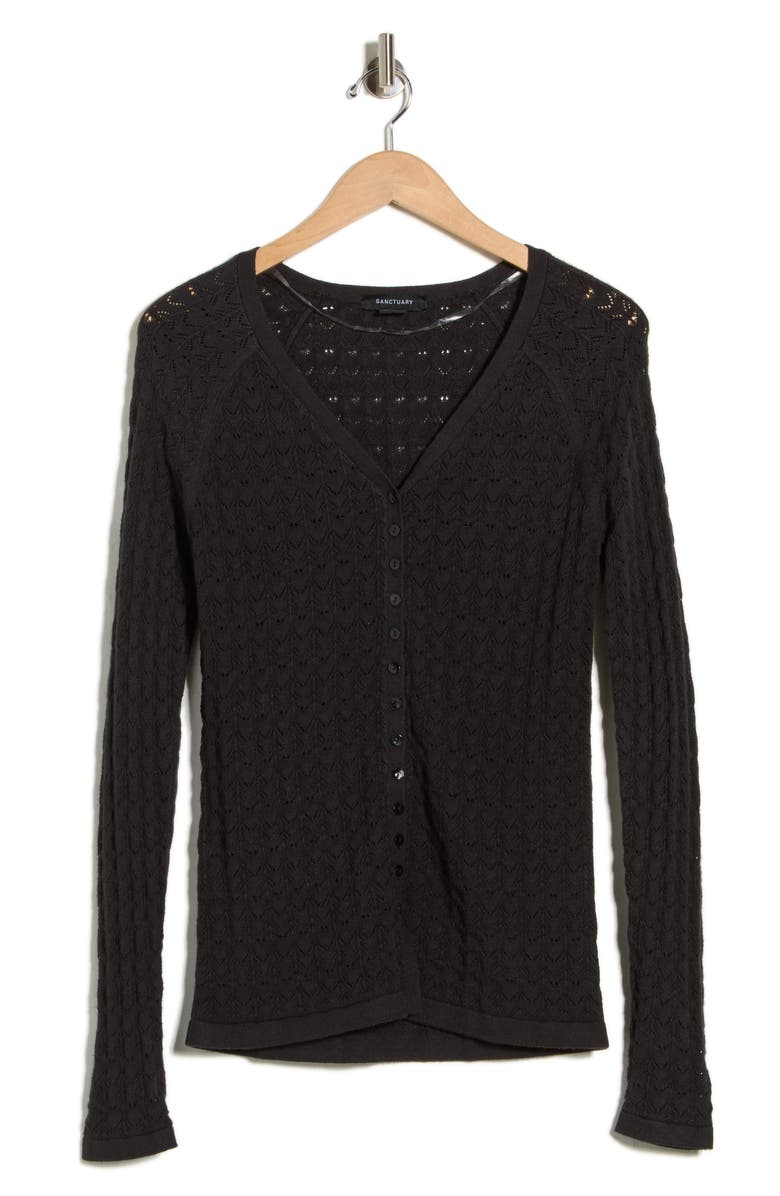 Sanctuary Pointelle Stitch Raglan Sleeve Cardigan, Main, color, Black