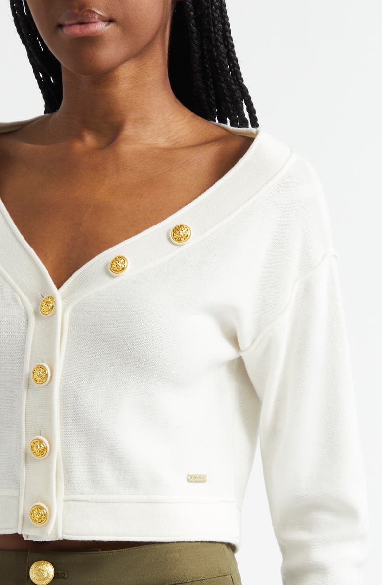 L'AGENCE Nopal Off the Shoulder Crop Cardigan, Alternate, color, Ivory/ Gold