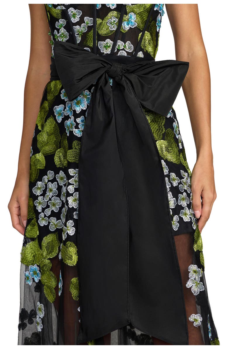 Mac Duggal Sleeveless Mesh Applique Gown With Bow Belt, Alternate, color, Blue Multi