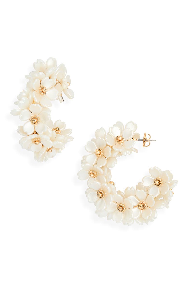 Pearly Flower Hoop Earrings, Main, color, WHITE- GOLD