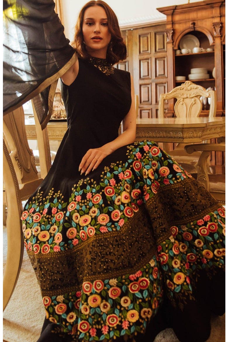 Kaylie Floral Embroidered Gown, Alternate, color, Black