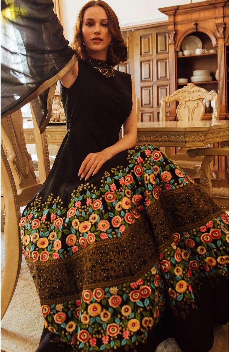 RAAS Kaylie Floral Embroidered Gown, Alternate, color, Black