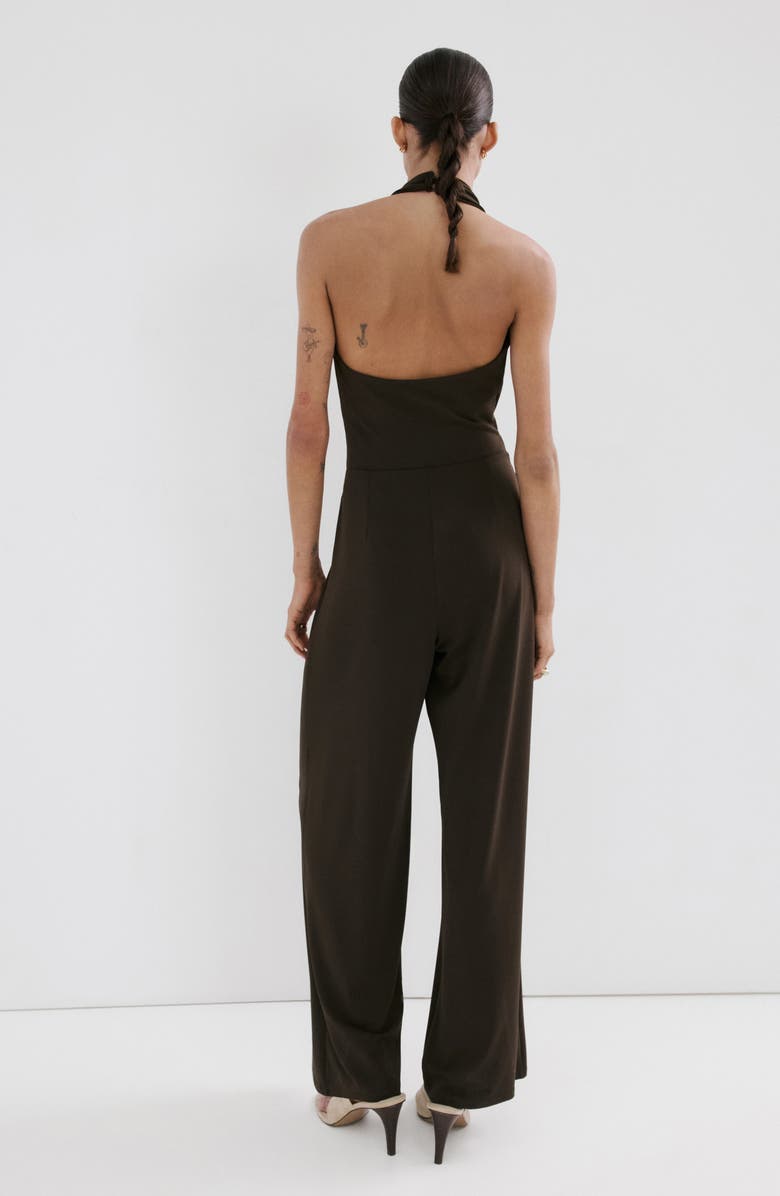 MANGO Halter Tie Waist Wide Leg Faux Wrap Jumpsuit, Alternate, color, Brown