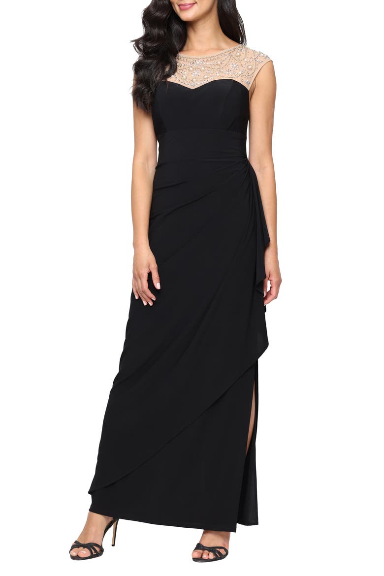 Bead Detail Mixed Media Gown, Main, color, BLACK GOLD