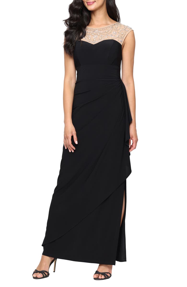 Alex Evenings Bead Detail Mixed Media Gown, Main, color, Black Gold