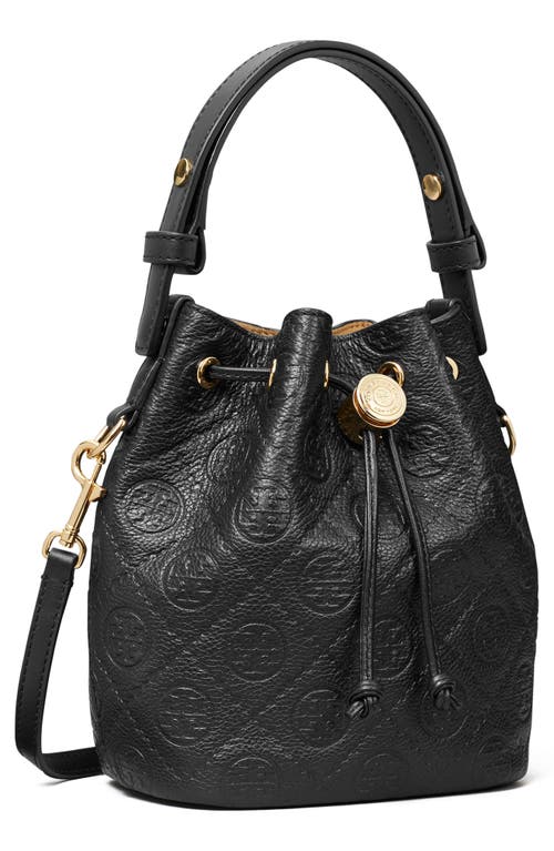 Tory Burch Mini T Monogram Pebble Leather Bucket Bag In Black