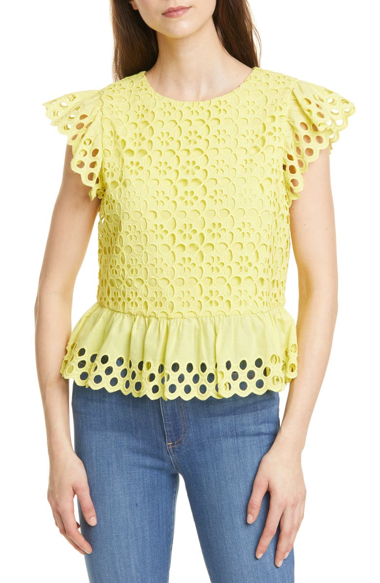 Alice + Olivia Sue Eyelet Peplum Top, Main, color,