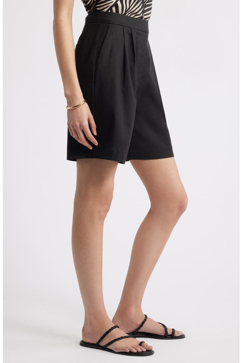 Pleated Linen Blend Shorts, Alternate, color, BLACK