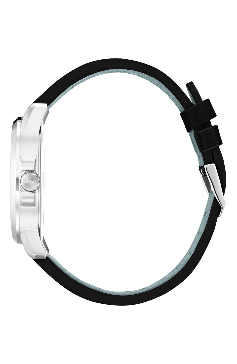 HUGO Leather Strap Watch, 42mm, Alternate, color, Black Dial
