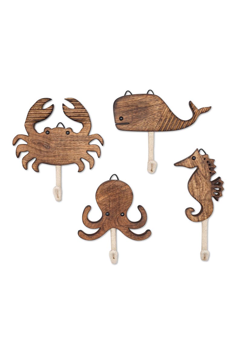 Cove Sea Life Motif Set of 4 Wall Hooks, Main, color, BEIGE/BROWN