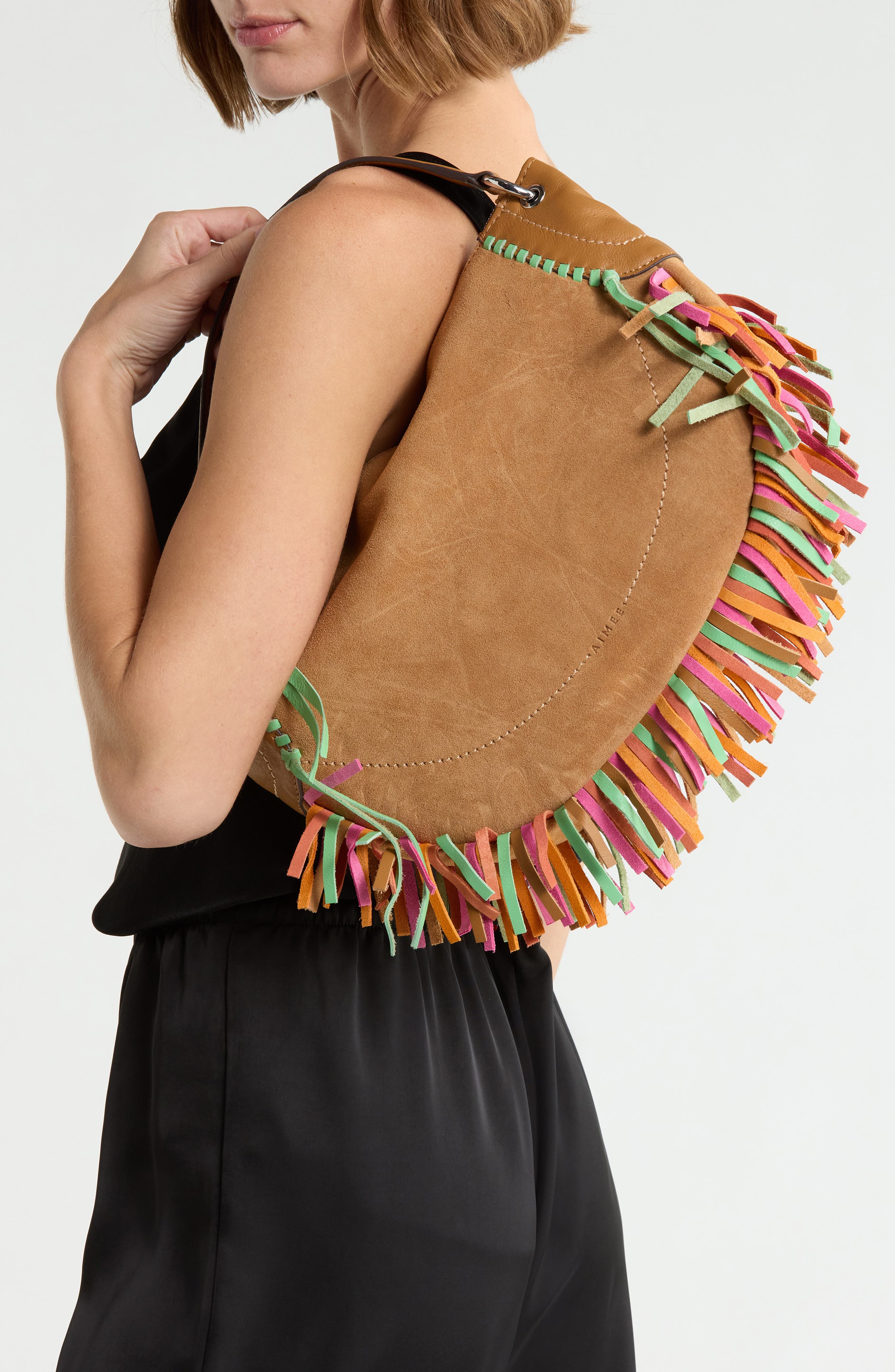 Dante Fringe Leather Shoulder Bag, Alternate, color, LATTE SUEDE MULTI