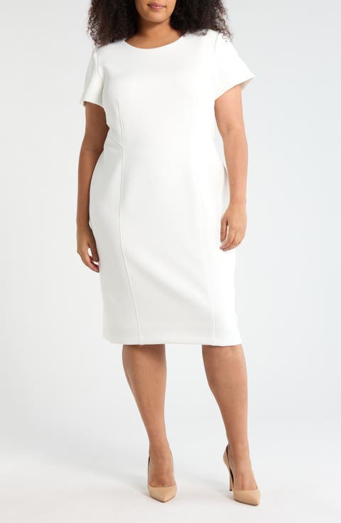 Short Sleeve Scuba Knit Sheath Dress (Plus)