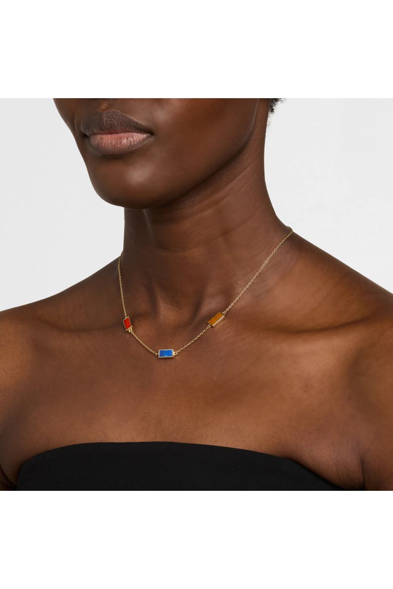 Multi Gemstone Three Station Rectangle Dash Necklace In Sterling 18K Gold Overlay, Alternate, color, MULTI