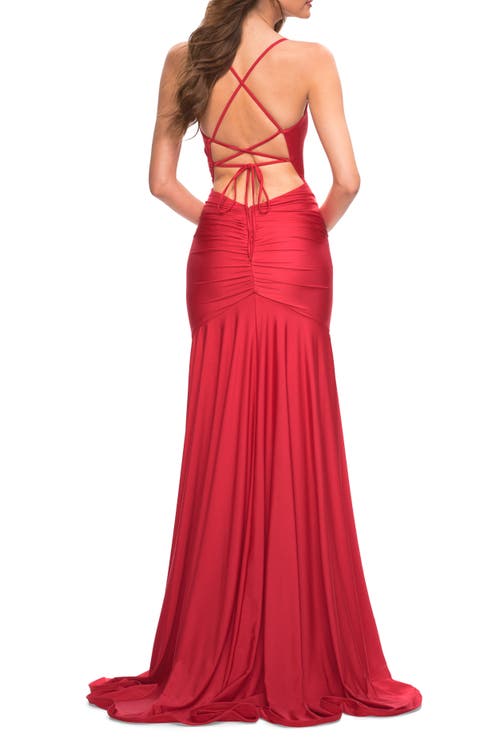 La Femme Long Jersey Ruched Gown With Dramatic Skirt In Red