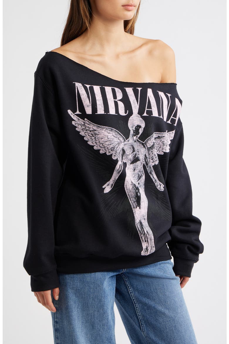 Nirvana Graphic Off the Shoulder Sweatshirt, Alternate, color, BLACK