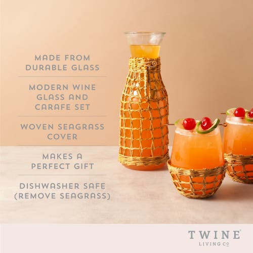 Twine Island Carafe & Stemless Wine Glasses Set Of 3 In Beige