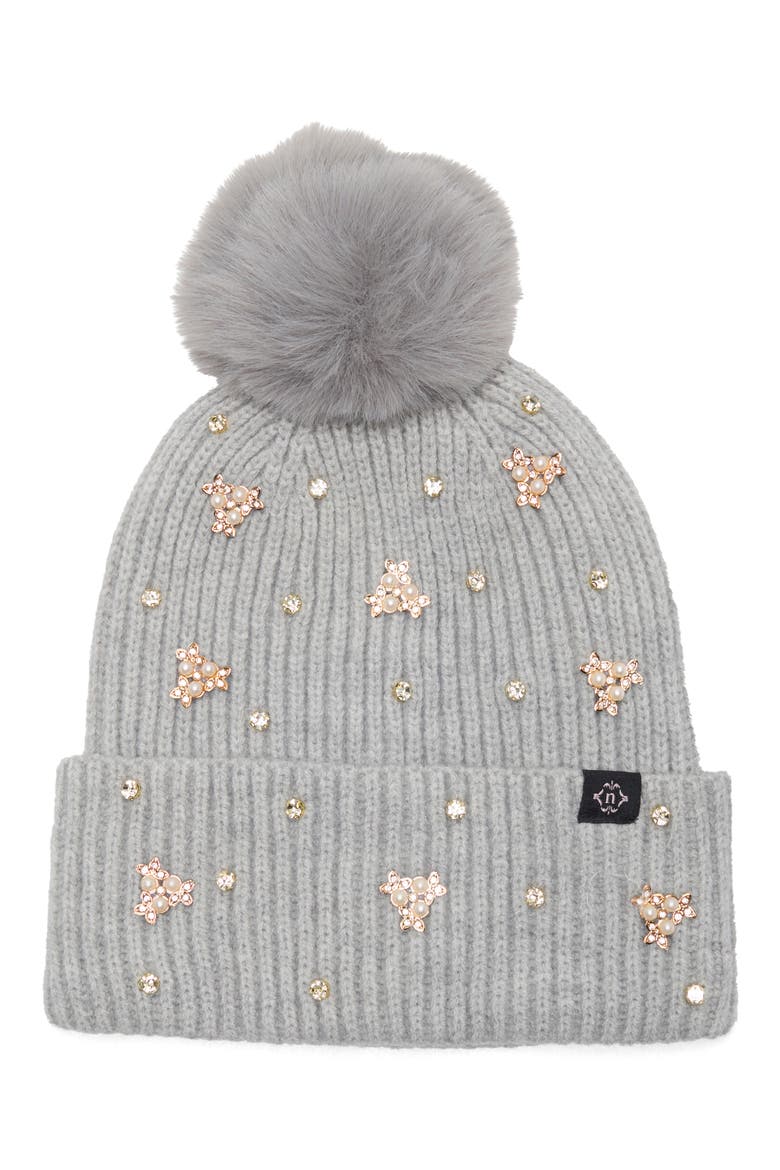 Mixed Metallic Pom Beanie, Main, color, LIGHT GREY