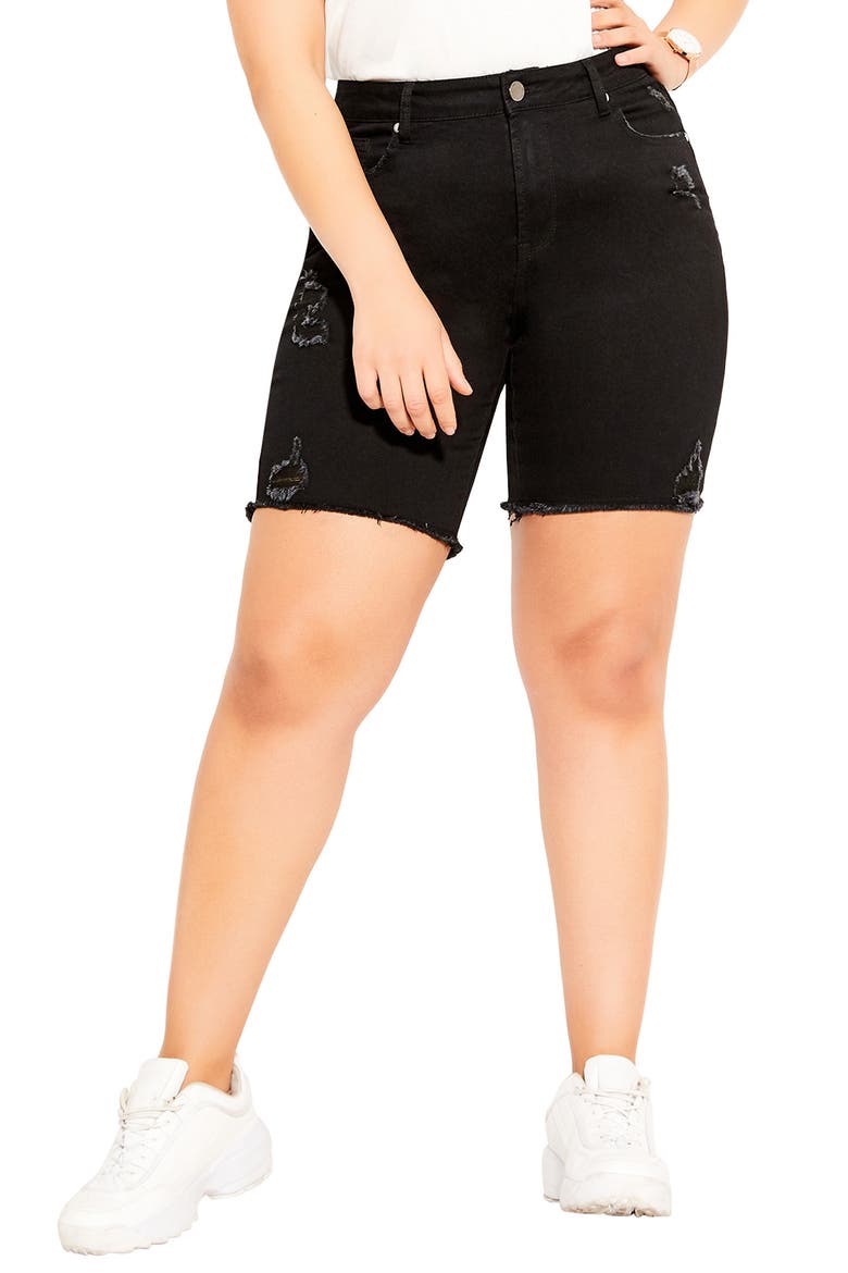 High Waist Distressed Denim Shorts, Main, color, BLACK