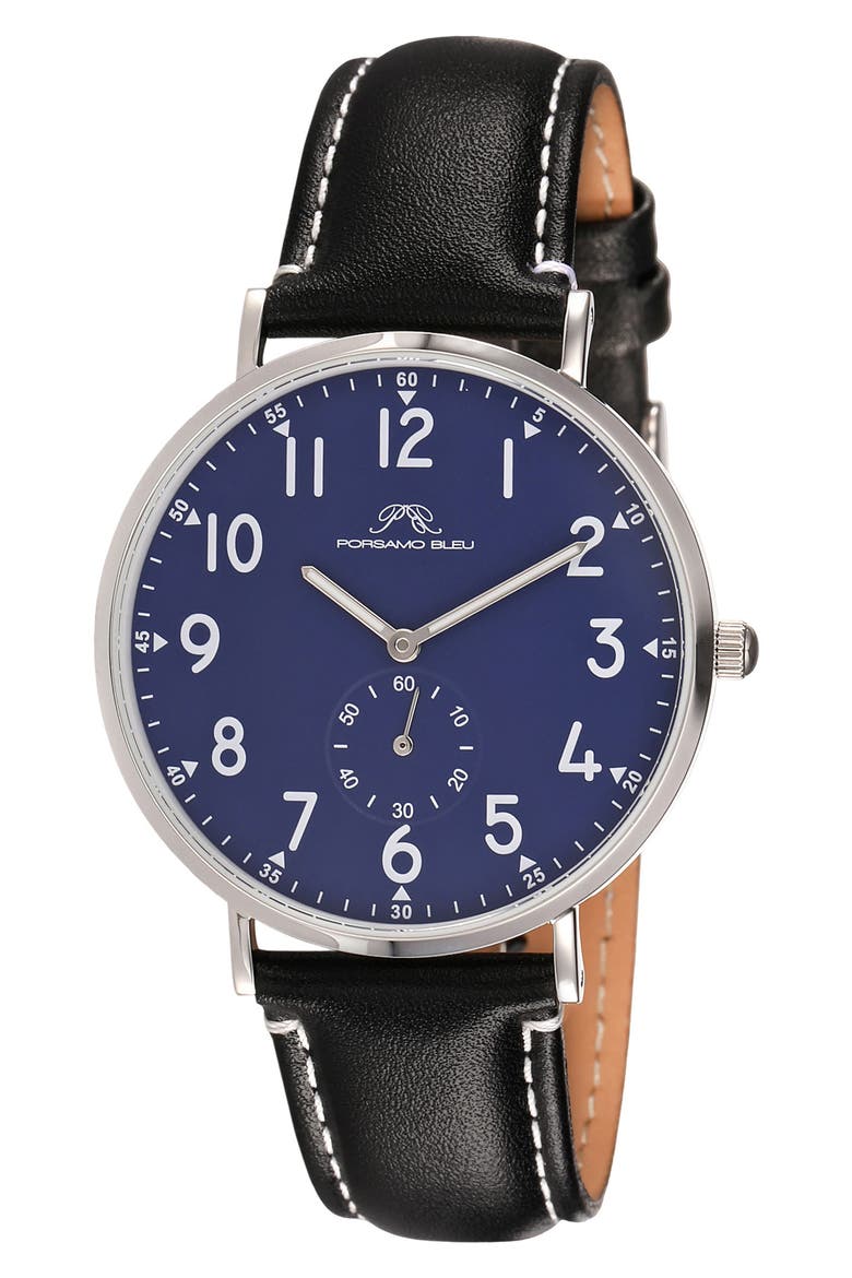 Rowan Leather Strap Watch, 40mm, Main, color, BLACK/ BLUE