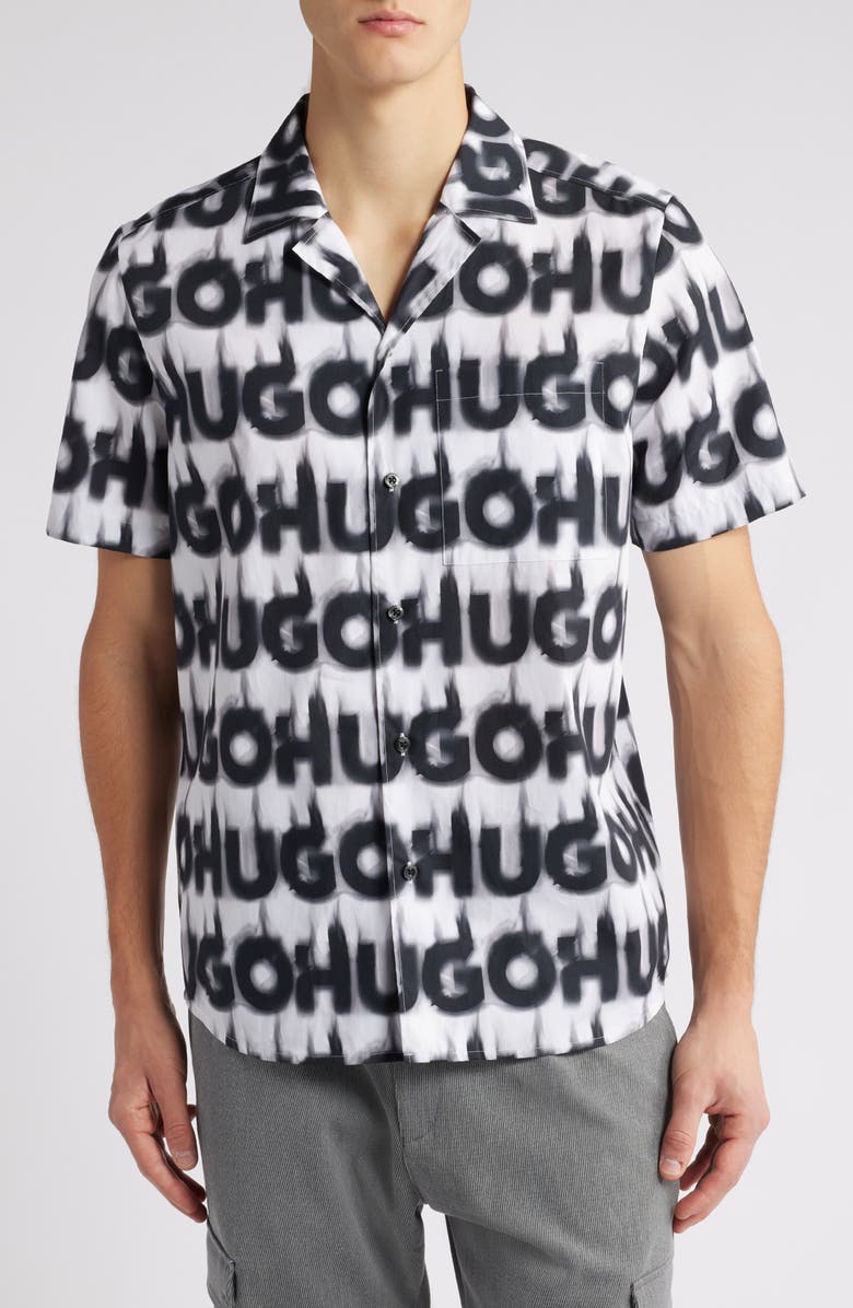HUGO Ellino Logo Print Cotton Camp Shirt, Main, color,