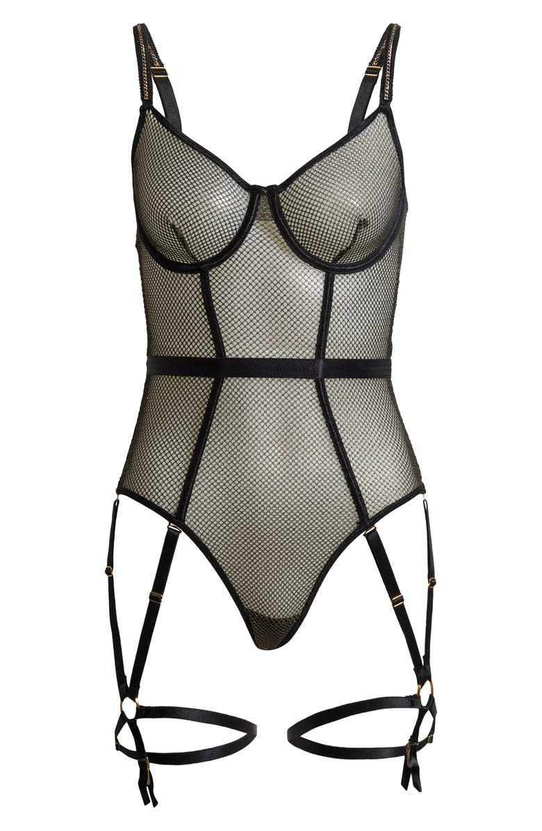 Coquette Shimmery Underwire Fishnet Teddy with Garter Straps, Alternate, color, Black