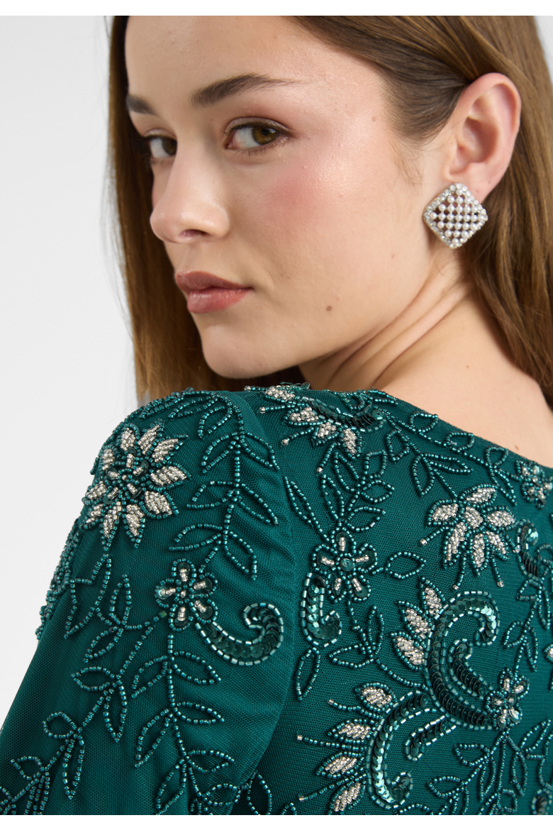 Modest Embellished Sequin Beaded Dress Maxi With A Line Bottom And Sleeve Design, Alternate, color, EMERALD GREEN
