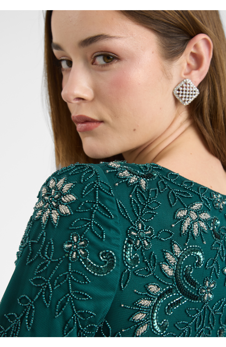 MARYISA Modest Embellished Sequin Beaded Dress Maxi With A Line Bottom And Sleeve Design, Alternate, color, Emerald Green
