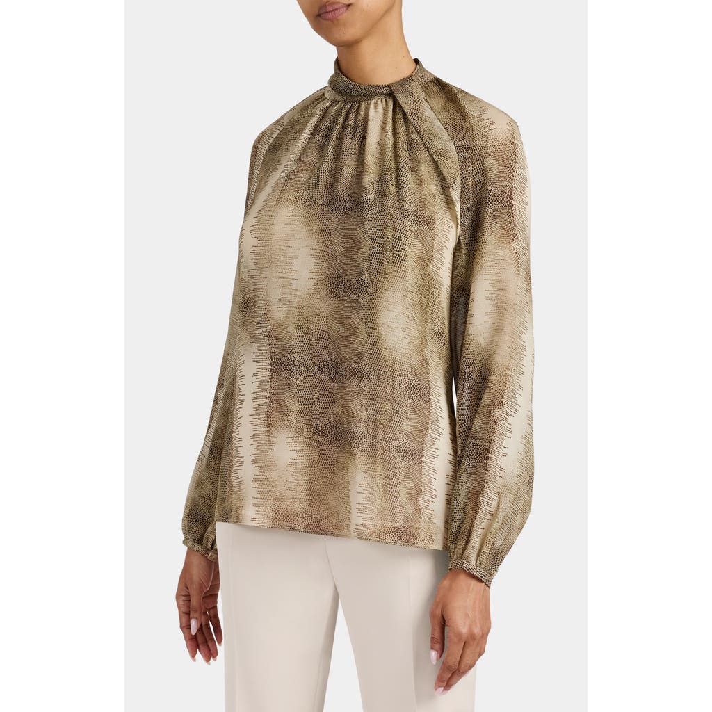 Santorelli Dakota Mock Neck Printed Blouse With Long Lantern Sleeves In Brown