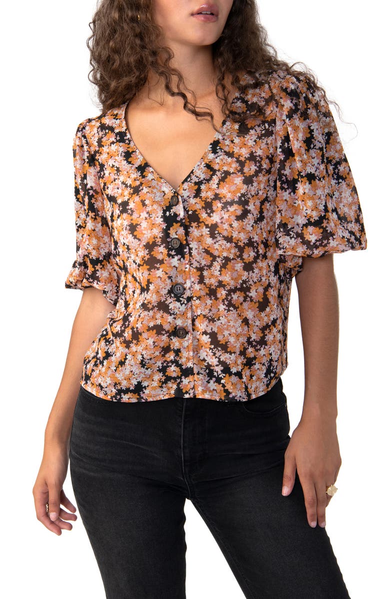 Sanctuary Floral Print Puff Sleeve Button-Up Shirt, Main, color, 