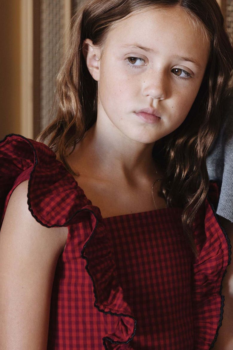Kids' Organic Ruffle Jumper Dress, Alternate, color, Red Gingham