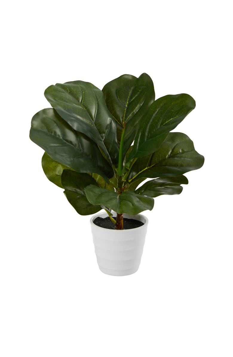 NEARLY NATURAL 11-in Fiddle Leaf Artificial Plant in White Planter, Main, color, Green