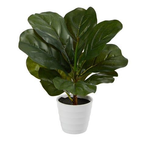 11-in Fiddle Leaf Artificial Plant in White Planter (Real Touch)