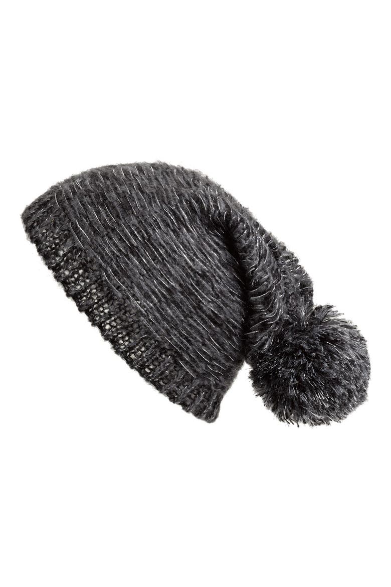 'Tattered Float' Pom Hat, Main, color, BLACK
