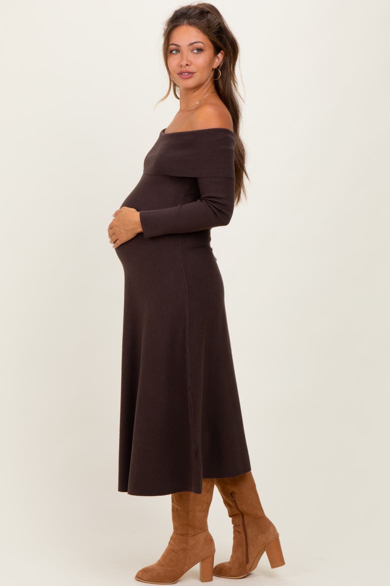 Off Shoulder Sweater Midi Dress, Alternate, color, Brown
