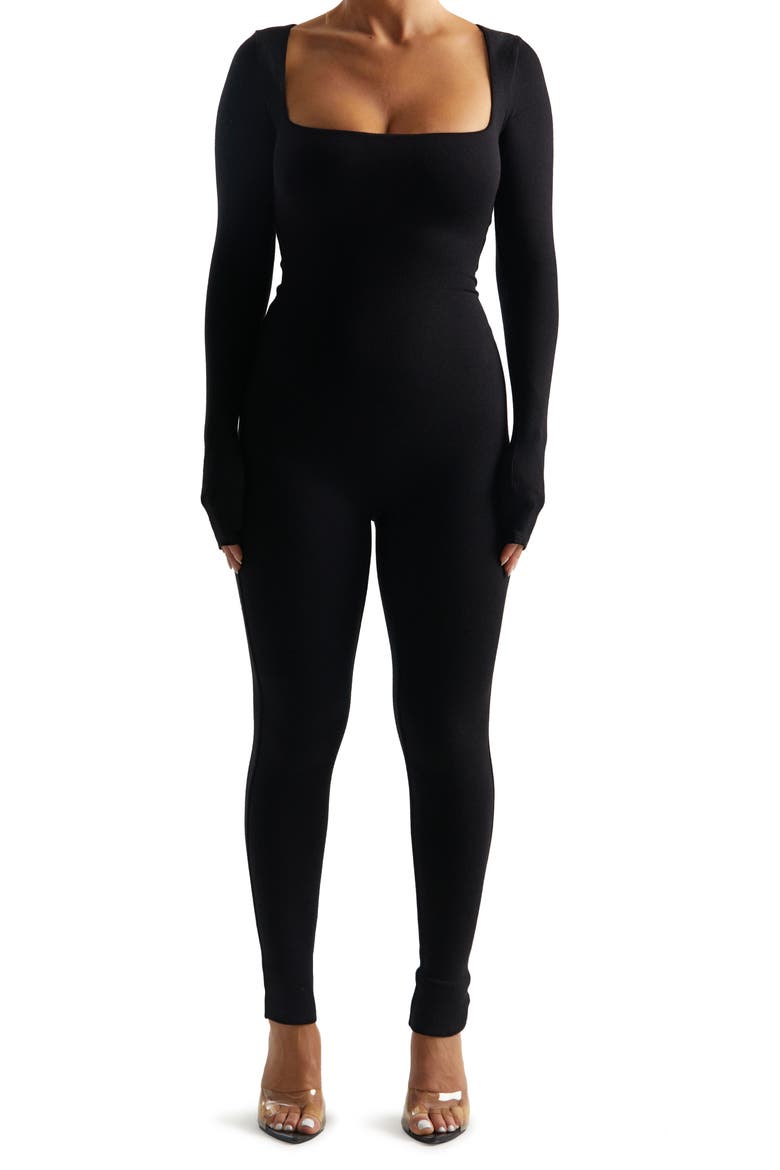 Square Neck Long Sleeve Jumpsuit, Main, color, BLACK