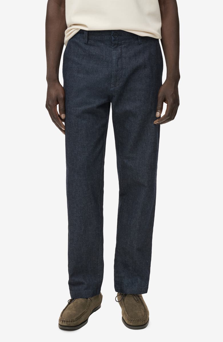 MANGO Straight Fit Flat Front Cotton & Linen Twill Pants, Main, color, Open Blue