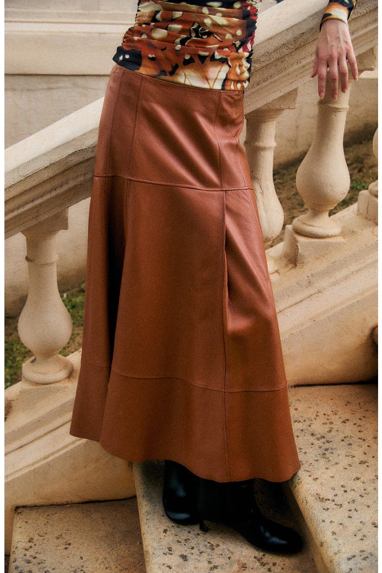 Leather Midi Skirt, Alternate, color, BROWN