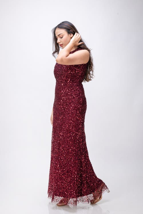 Creea The Label Sequin Embellished Sleeveless Column Gown In Burgundy