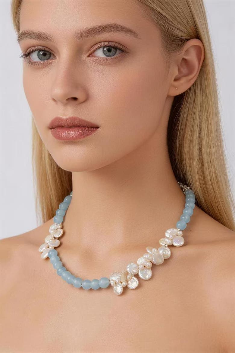 Aquamarine & Pearl Choker Necklace, Alternate, color, Blue