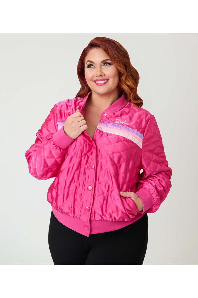 Plus Size Quilted Varsity Jacket, Alternate, color, Pink Stripe Embroidered