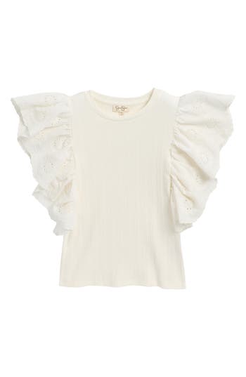 Shop Jessica Simpson Kids' Eyelet Flutter Sleeve T-shirt In Sea Salt