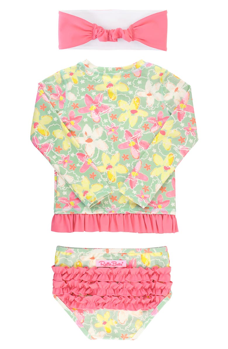 RuffleButts Waltzing On Water Two-Piece Rashguard Swimsuit & Head Wrap Set, Alternate, color,