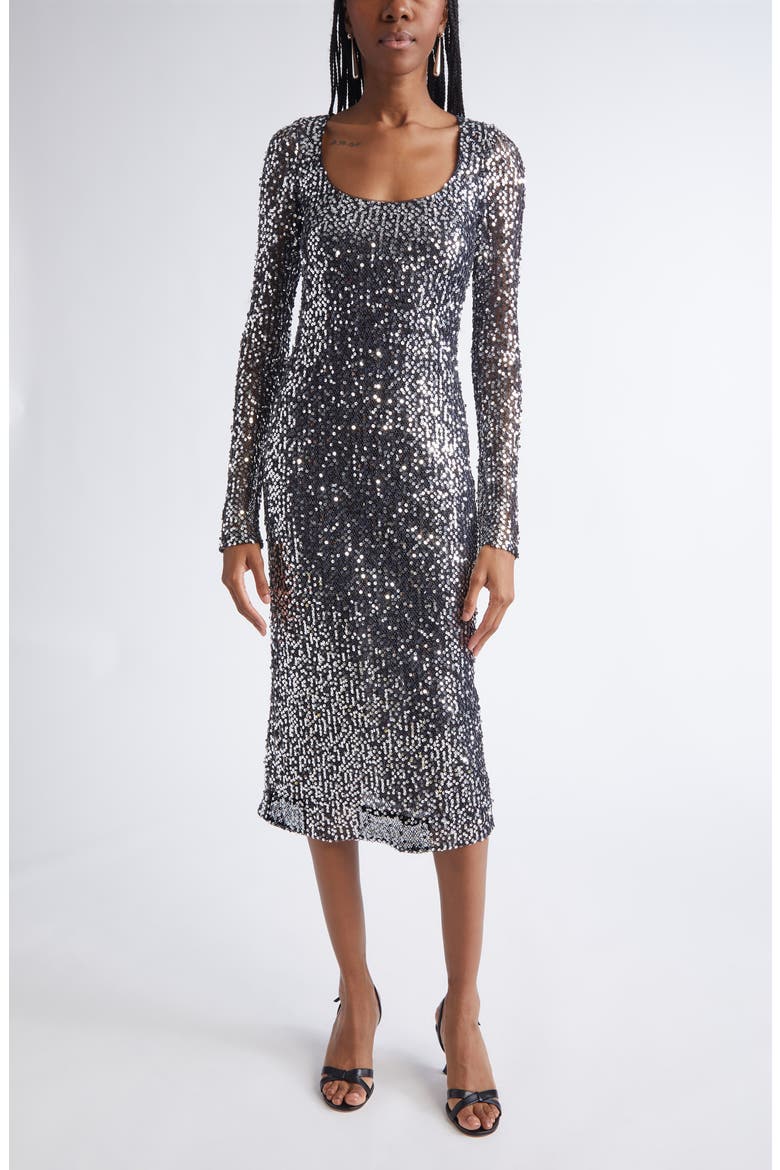 Sequin Long Sleeve Scoop Neck Sheath Dress, Main, color, BLACK SILVER