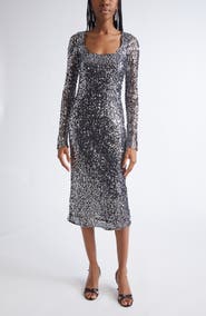 ST. JOHN Sequin Long Sleeve Scoop Neck Sheath Dress