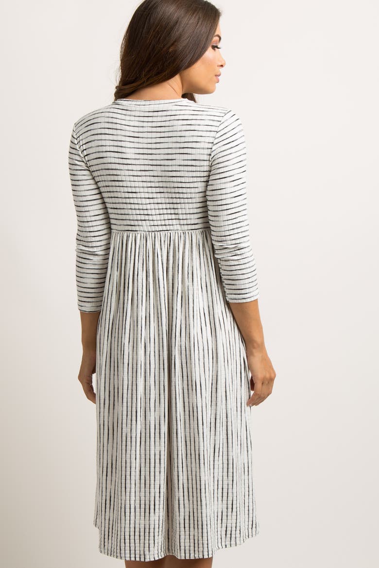 Ribbed Striped Pleated Midi Dress, Alternate, color, Ivory